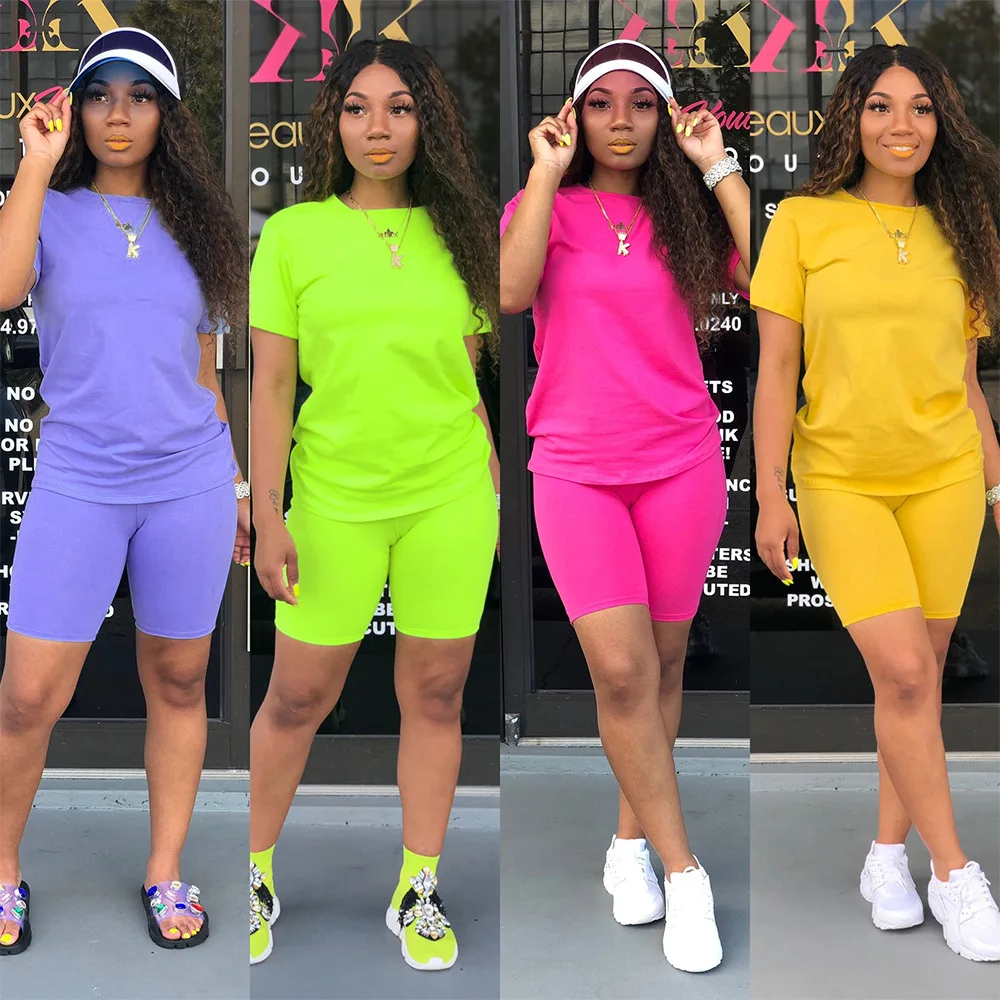 

2021 Womens Plus Size O-neck Short Sleeve T Shirt And Shorts Sets For Casual Cotton Two Piece Short Sets For Summer Women, Customized color