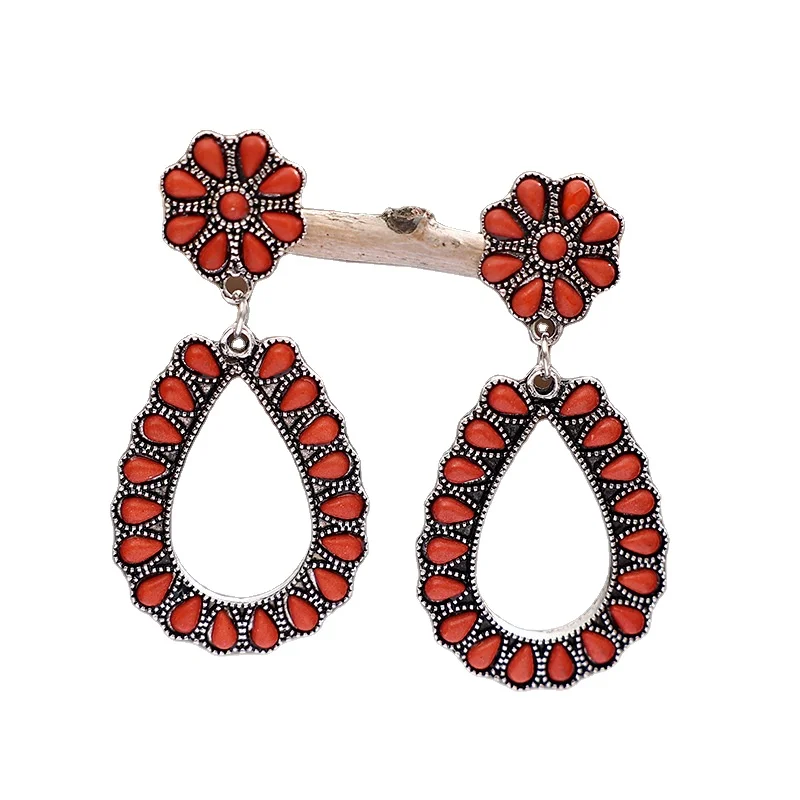 

Gorgeous Retro Jewelry Western Bohemian Hollow Red Turquoise Teardrop Earrings For Woman