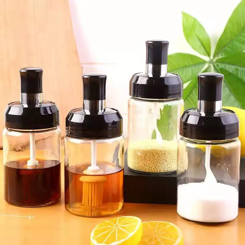 

vertical rotatable shaker container square with spoon kitchen stickers labels storage glass spice jar with spoon, Black