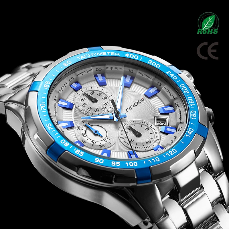 

SINOBI Stainless Steel Luxury Watch Luminous Hand S9720G Chronograph Quartz Brand Wristwatches Small Three Pins Wrist Mens Watch