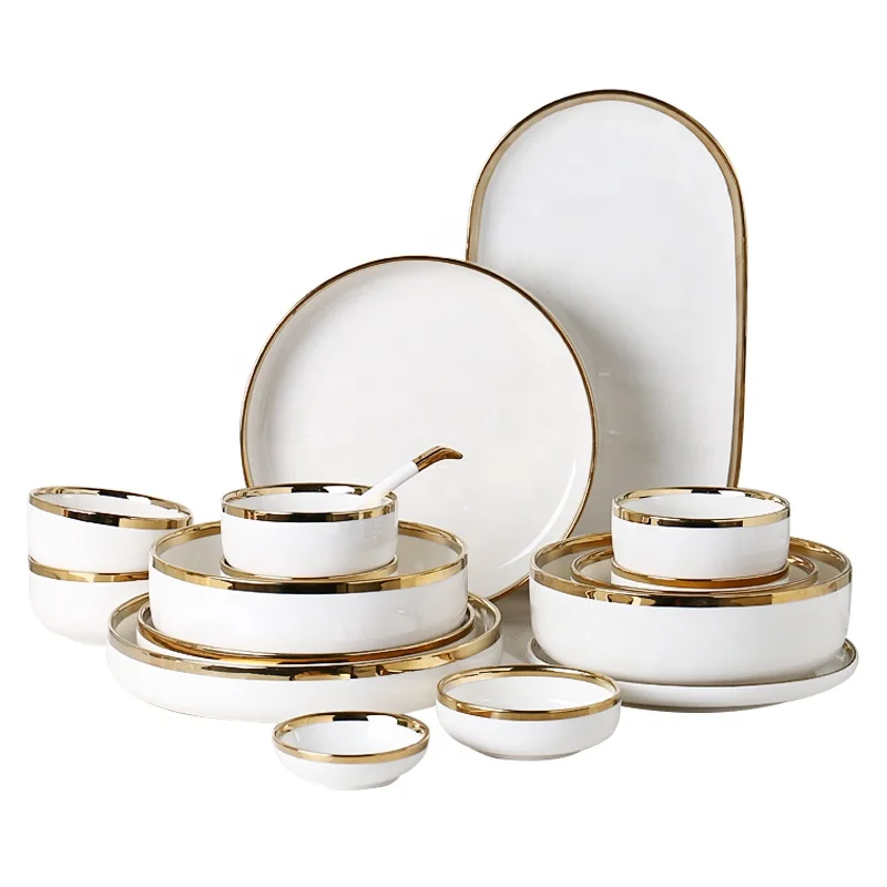 

Hot Selling White Glossy Gold Trim Dinnerware Dish Set and Porcelain Soup Bowls for Catering