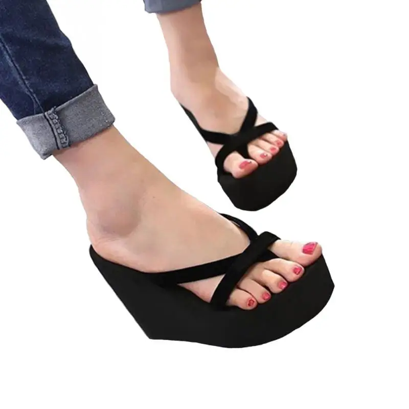 

2020 Women Fashion Summer High Heel Slippers Flip Flops Slipper Wedge Platform Beach Shoes Sandals, Black, rose red, blue