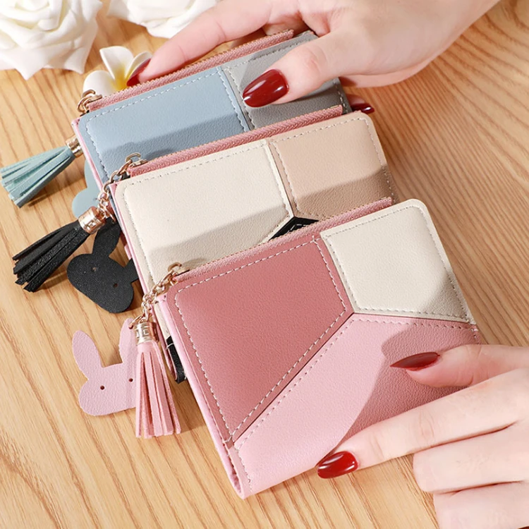 

New style three colors pu leather wallet short ladies zipper wallet Korean style tassel versatile coin purse for women, Customized