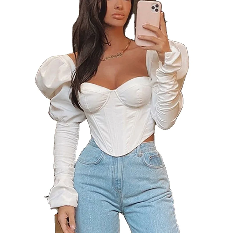 

FD-8825 Sexy Fashion Top Retro Puff Sleeve Open Back Wrap Chest Custom Long Sleeve T-Shirt