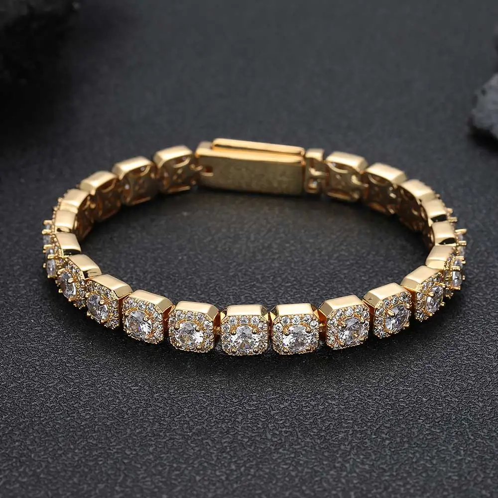 NUOYA Hip Hop Jewelry 18K Gold Plated Iced Out Tennis Chain Bracelet Unisex Shiny Cubic Zircon Clustered Tennis Chain for Gifts