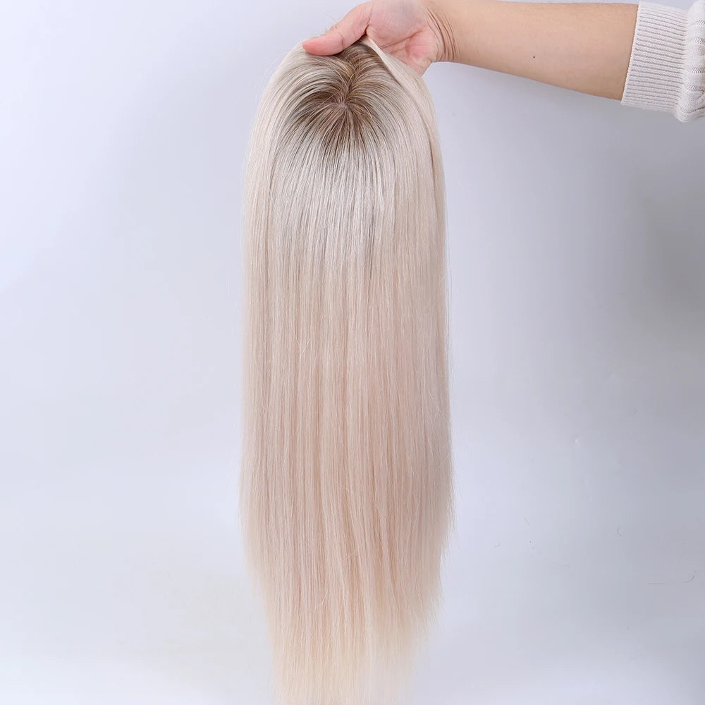 

Premier Super Double Drawn Ombre White Blonde Dark Roots 100% European Cuticle Aligned Virgin Hair Silk Base Hair Topper