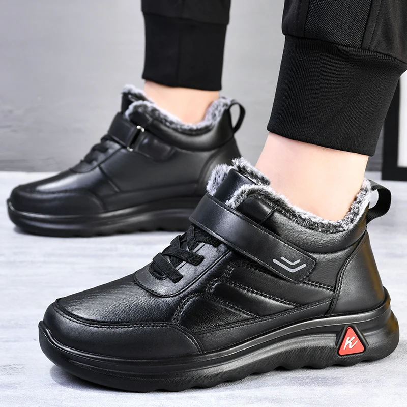 

BM-21807 Boots Warm Rabbit Hair PU Material Waterproof Hiking Shoes Men Formal Leather Shoes Fashion Sneakers, Black