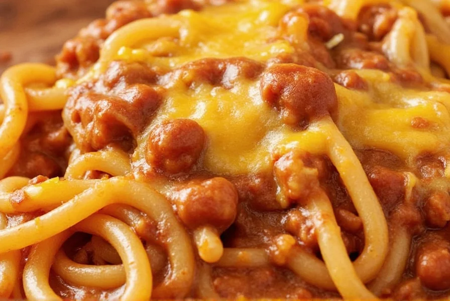 Close-up of Skyline Chili three-way showing the texture of the meat sauce and melted cheese blending with spaghetti