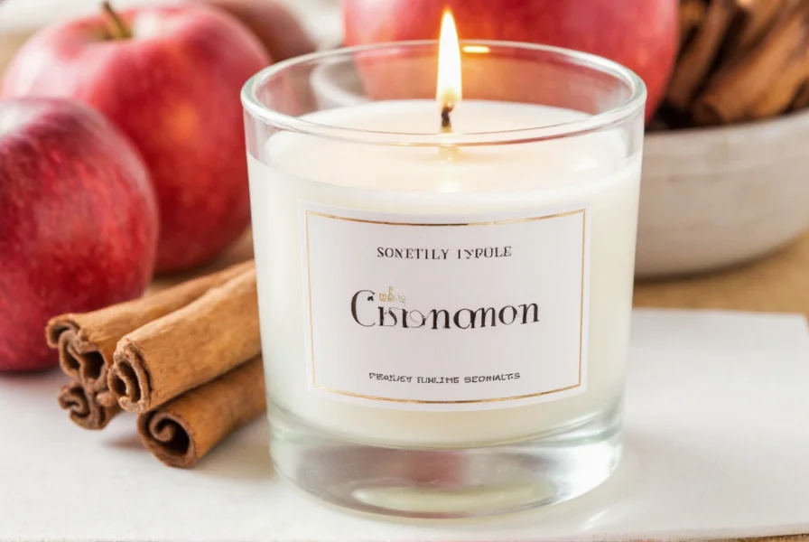Close-up photograph of a high-quality apple cinnamon candle burning in a ceramic vessel, showing clean flame and even wax pool, with subtle steam rising from the melted wax