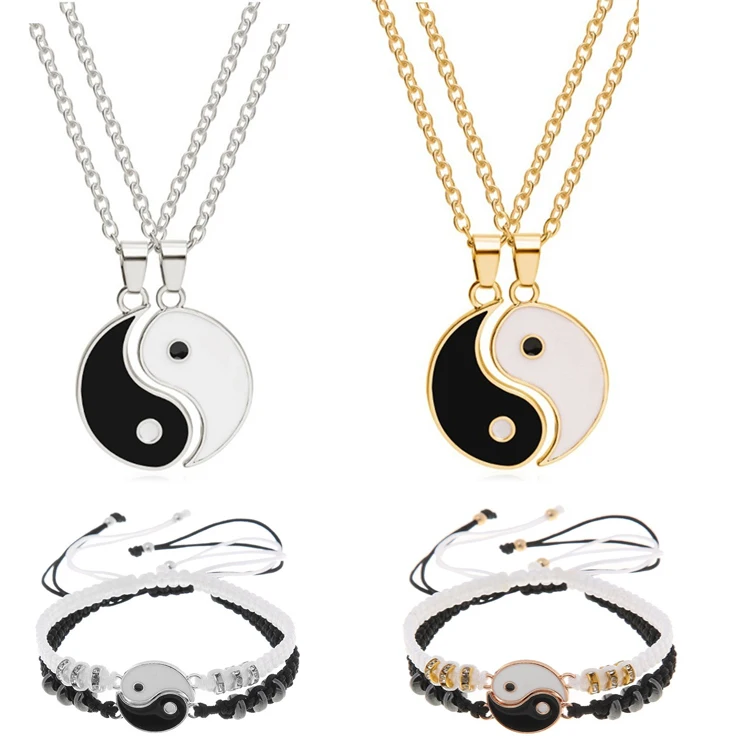 

1 Set Tai Chi Couple Necklaces For Women Men Best Friends Yin Yang Paired Pendants Charms Braided Chain Couple Bracelet Necklace, Silver color