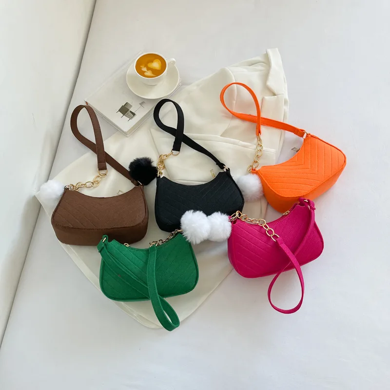 

Hot Sale Shoulder Bag Women Fashion Casual Handbag Felt Underarm Messenger Bag Solid Color Mini Female Leather Chain Pouch R2253