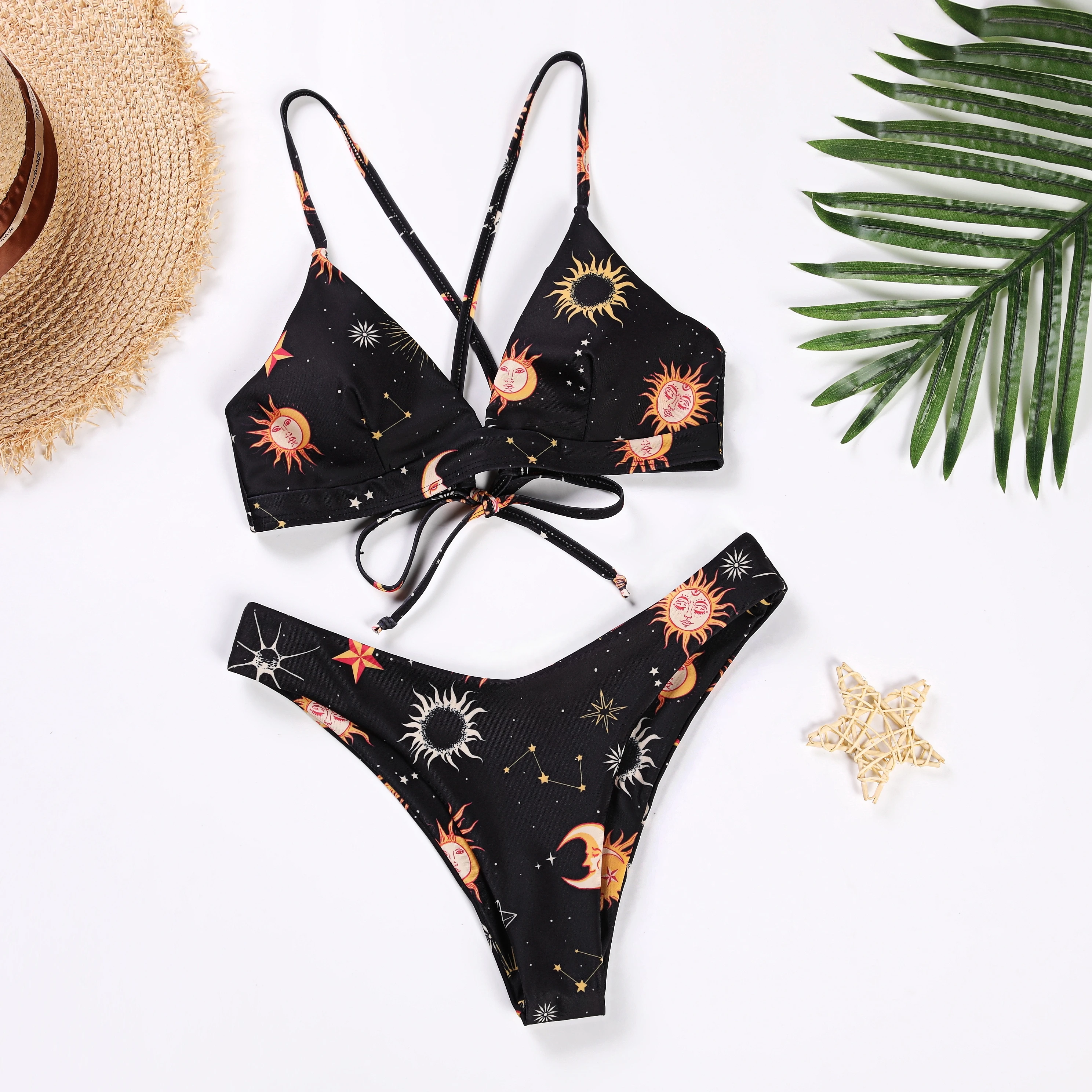 

OEM ODM Knot Cross Swimwear Two Pieces V Neck Sun Moon Bathing Suits Women Latex Swimsuit