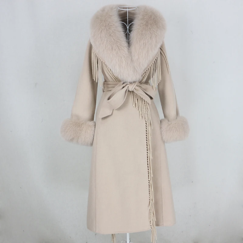 

OFTBUY 2021 X-long Tassel Cashmere Wool Blends Real Fur Coat Belt Winter Jacket Women Natural Fox Fur Collar Cuffs Streetwear