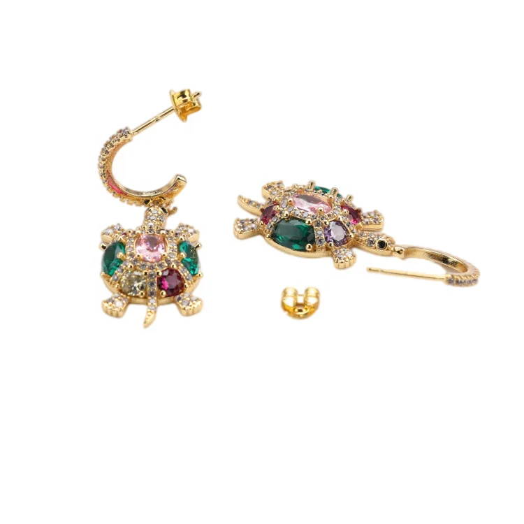 

Hotsale Design Crystal Turtle Drop Earrings KC Gold Plated Animal Sea Turtle Jewelry CZ Dangle Earring Set For Girls Gemstone