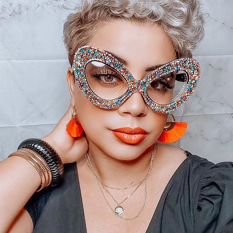 

Personalized Fancy Shiny Ladies Oversized Cat Eye Shape Colorful Bling Decoration Eyeglasses Rainbow Floral Diamond Frame, Shown