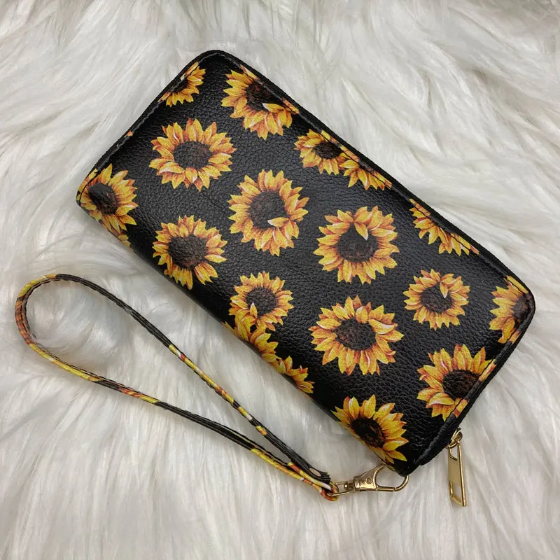 

Factory Direct Ladi Travel Purse Zip Around Clutch Wallets Sunflower Pu Vegan Leather Wristlet Women Long Wallet with Card Slots, Sunflower, black cow, leopard, highland cow