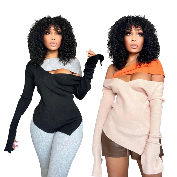 

S66328 Fashion Sexy Stitching Knitted Woman Clothing Winter Tops Women Knit Top