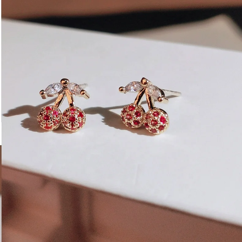 

New Simple Sweet Cherry Stud Earring CZ Zircon High-Grade Small Retro Wedding Party Earrings For Woman