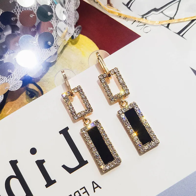 

Sparkly S925 Safety Silver Pins Geometric Rectangle Shaped Drop Earrings Crystal Rhinestone Rectangle Earrings, Picture shows/custom color