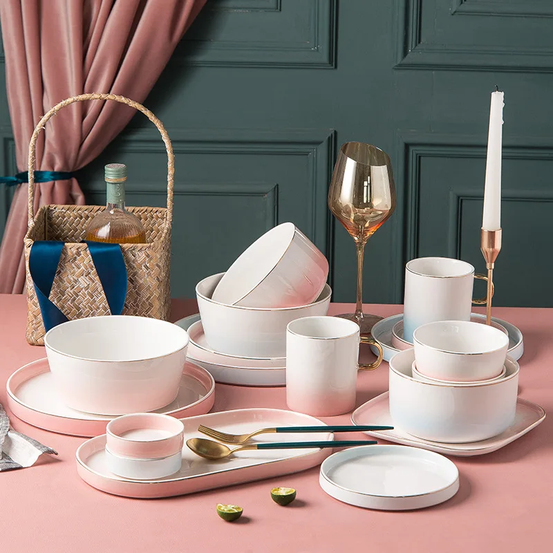 

2021 Pink And Blue Dinner Set With Bowl And Ceramic Dinner Plate For Weddings