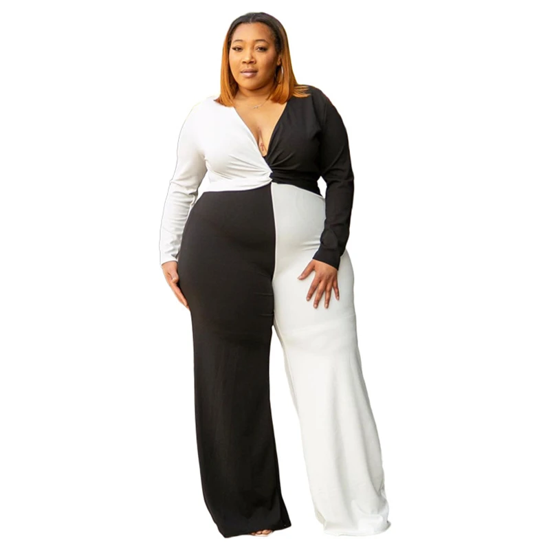 

Fall clothing for women plus size women clothing v neck one piece jumpsuit, Black white