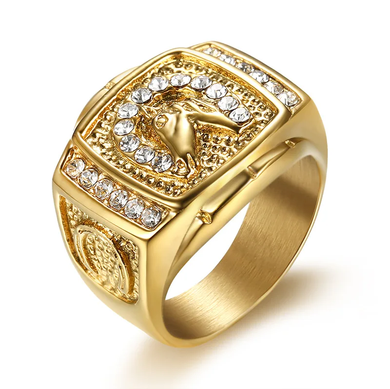 

Hot style hip hop ring jewelry gold plated ring for mens animal horse zircon men ring, Gold and silver