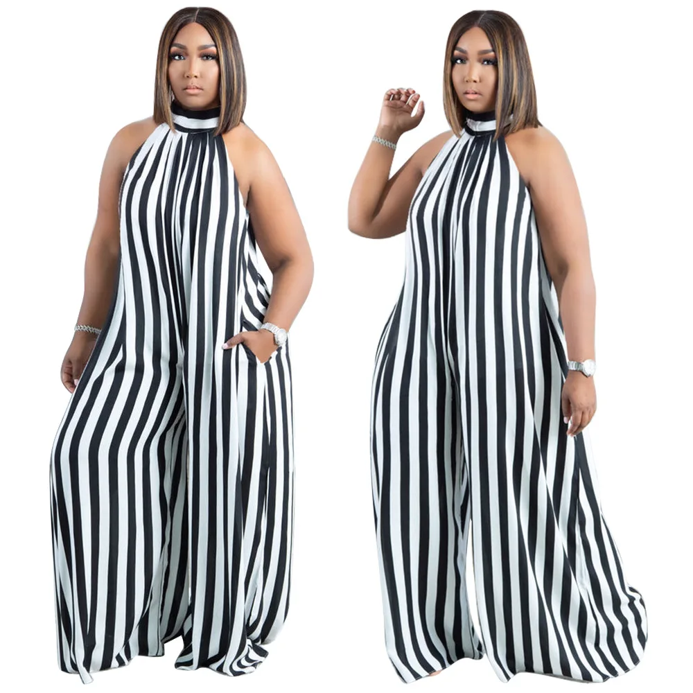 

New Design Sexy Striped Fashion Halter One Piece Jumpsuit Summer Casual Loose Wide Leg Pants Plus Size Women Jumpsuit, Black and white