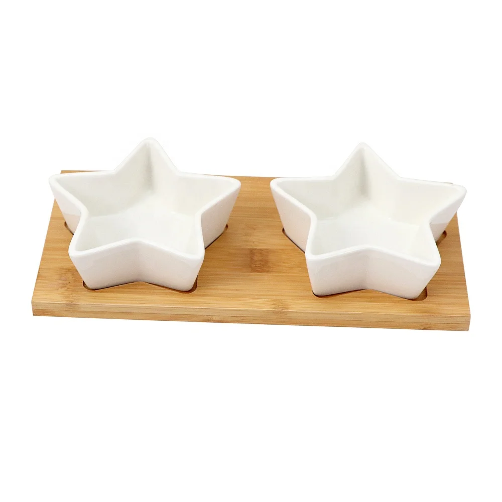 

Creative Ceramic Fruit Snack Plate Star Shape Condiment Dish Bowl Ceramic Compartments Dry Fruit Nut Candy Tray With Bamboo Base, White