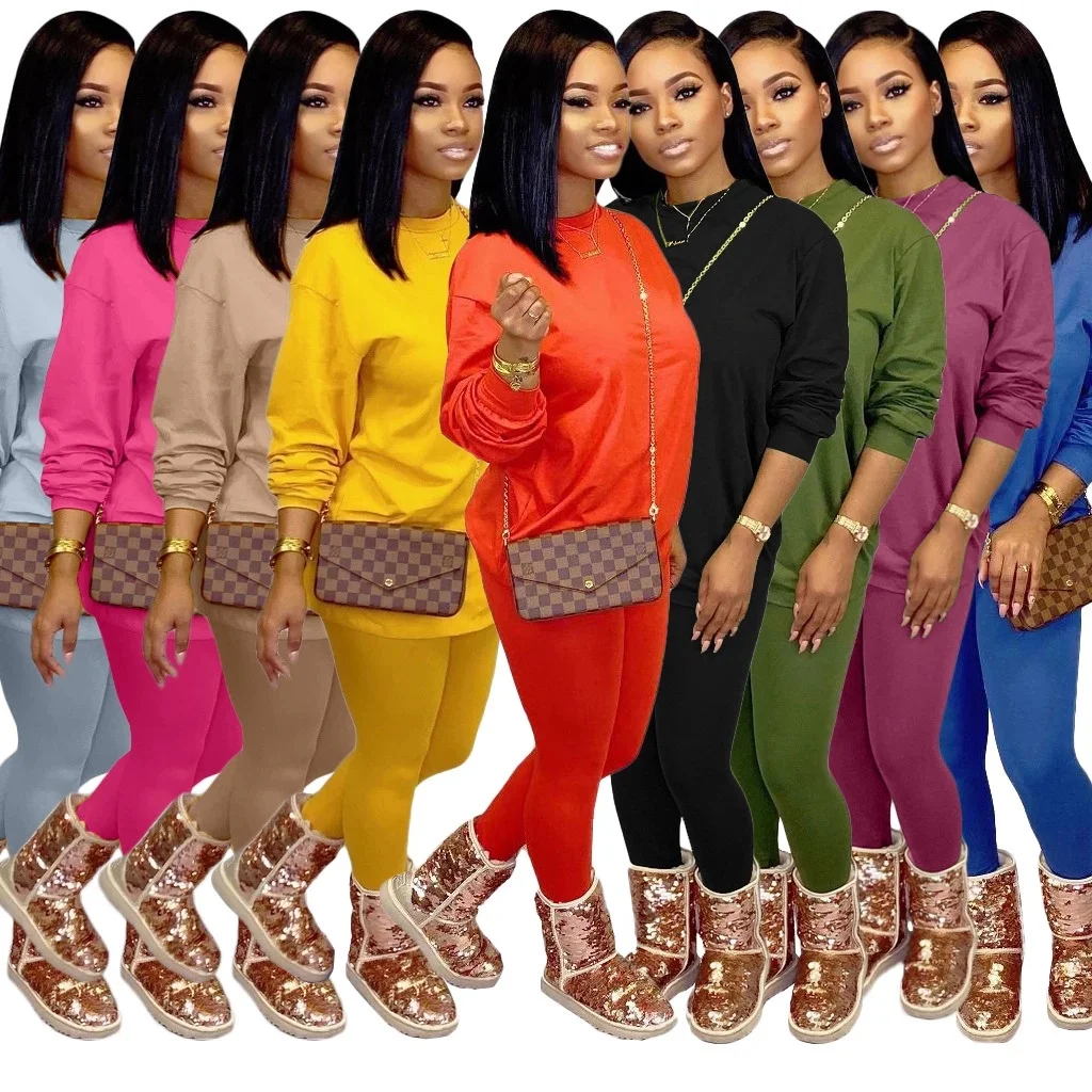 

Hot sale ladies fall pure color casual sports women's macarons loose women 2 piece set candy color hedging fall clothes