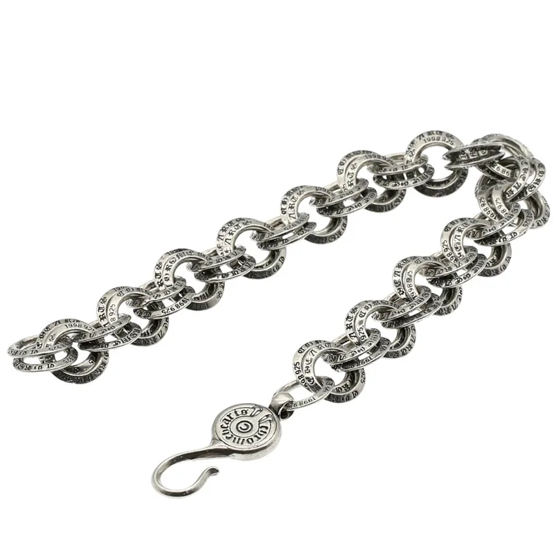 

Manufacturers wholesale s925 sterling silver original double buckle ring punk silver chain rock bracelet, Black color