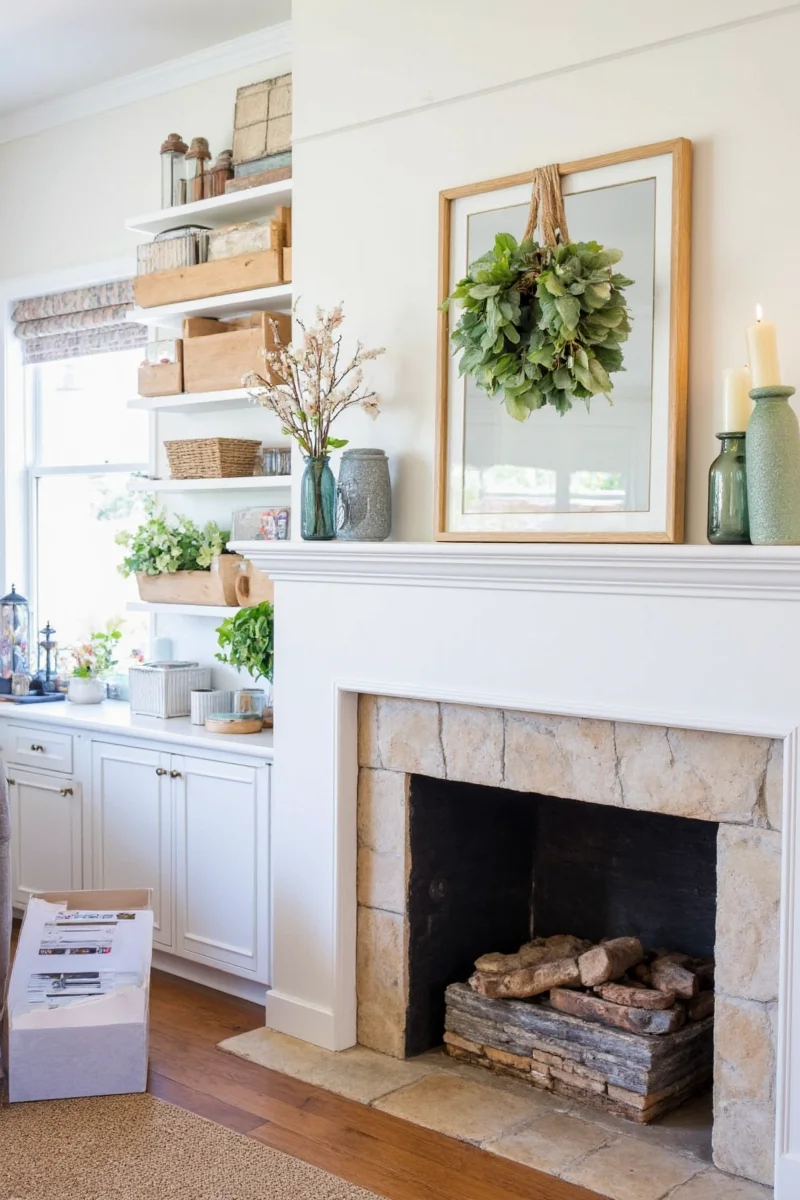 White painted stone fireplace flanked by large potted fake plants