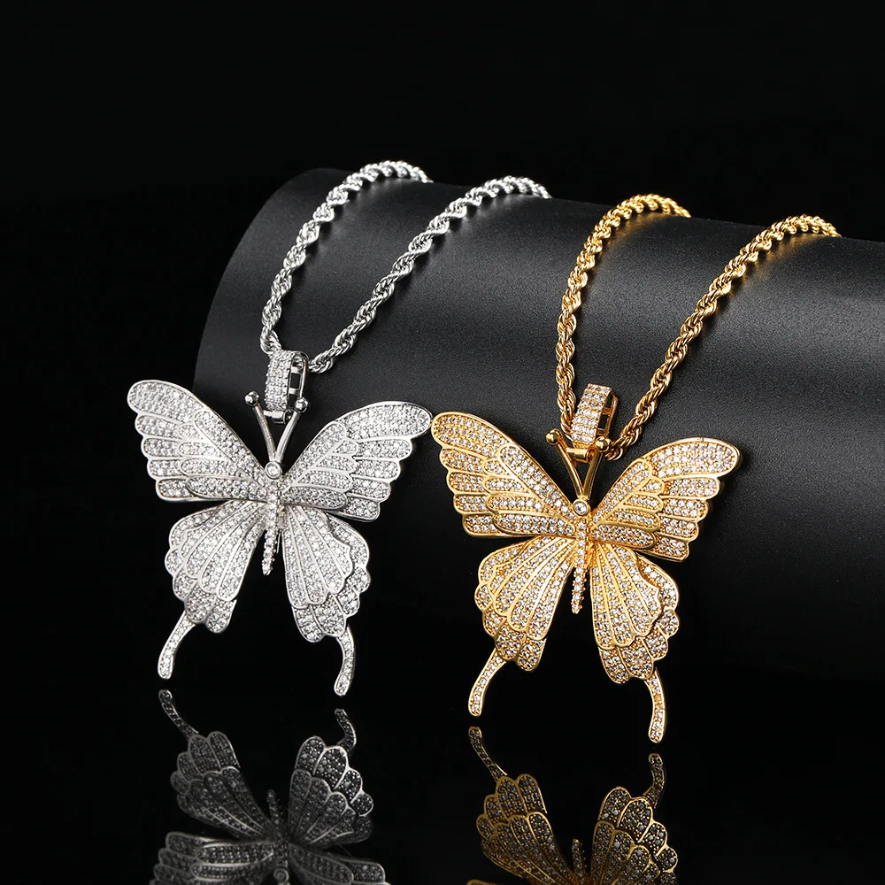

Nuoya Iced Out 3d Gold Iced Zirconia Butterfly Pendant CZ Diamond Butterfly Necklace