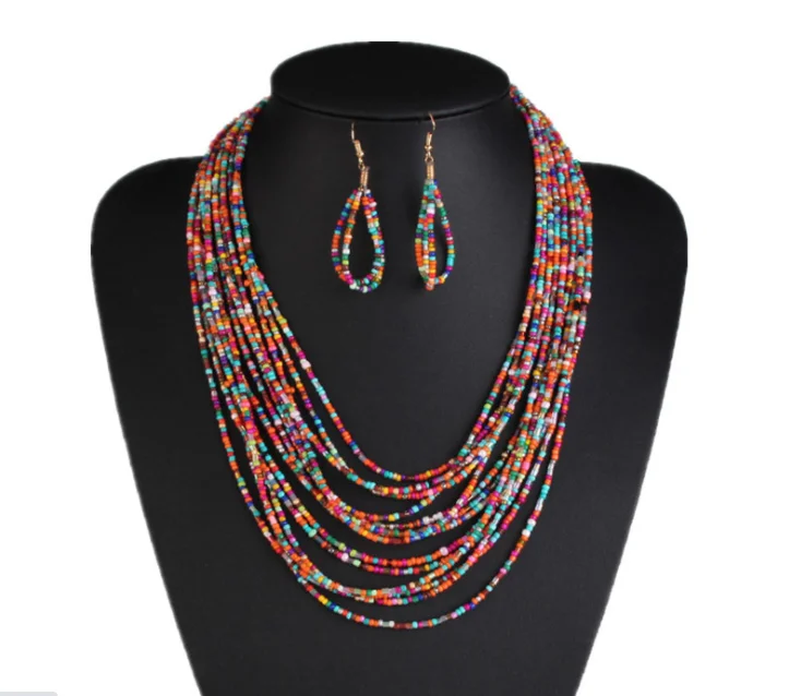 

Woman Bohemian Multi-layer seed beads Necklaces earring sets hand made seed beads necklace costume garment jewelry, As picture