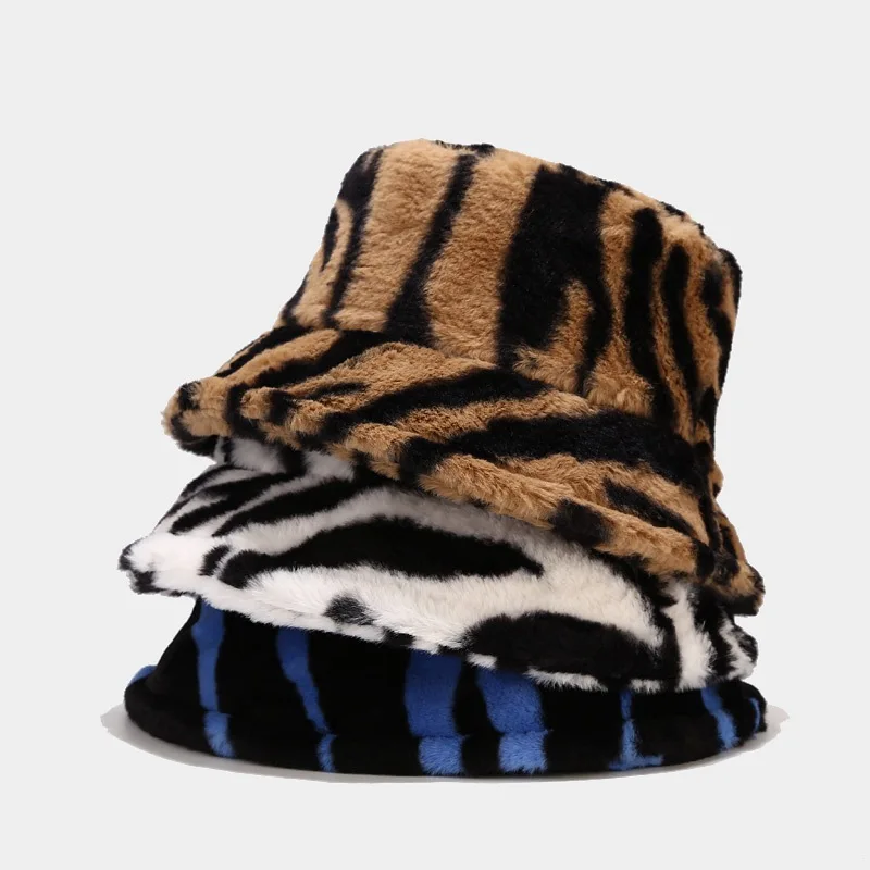 

Wholesale New Trendy Women Striped Animal Print Design Plush Furry Warm Dress Woman Fluffy Fur Bucket Hat