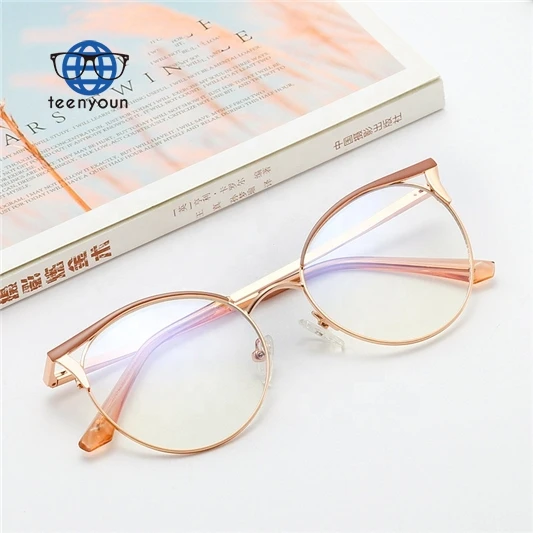 

Teenyoun Eyewear Round Metal Frame Resin Nose Pad Glasses Custom Myopia Oculos Women Student Anti Glare Computer Eyeglasses