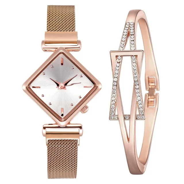 

2021 Women Watches Bracelet Set Square Dial Rose Gold Magnet Watch Dress Ladies Bracelet Wrist Watches Luxury Quartz Clock, Multi colors