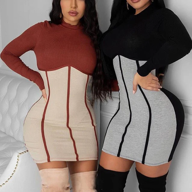 

FS1649D latest design women round collar Long sleeve contrast color dresses