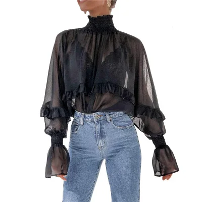 

B51317A Hot selling ladies fashion high collar long sleeve ruffles chiffon blouse, Black/white