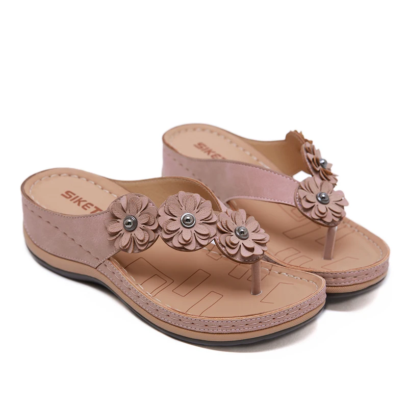 

New 4 Colors Women Fashion Floral Pattern Soft Sole Clip Toe Platform Sandals Casual Lightweight Comfy Beach Slippers Plus Size