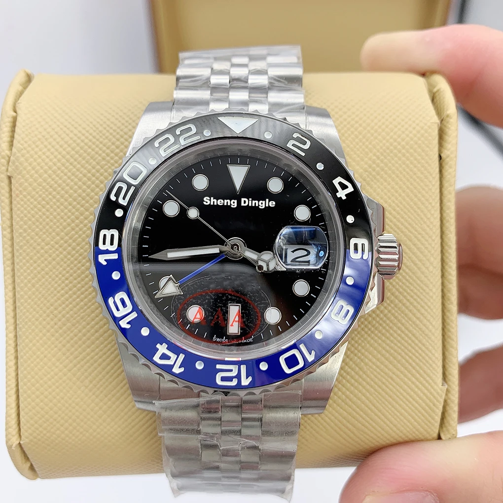 

Custom men's watch luxury GMT silver case black dial blue ceramic bezel 316L stainless steel 2813 automatic mechanical watch