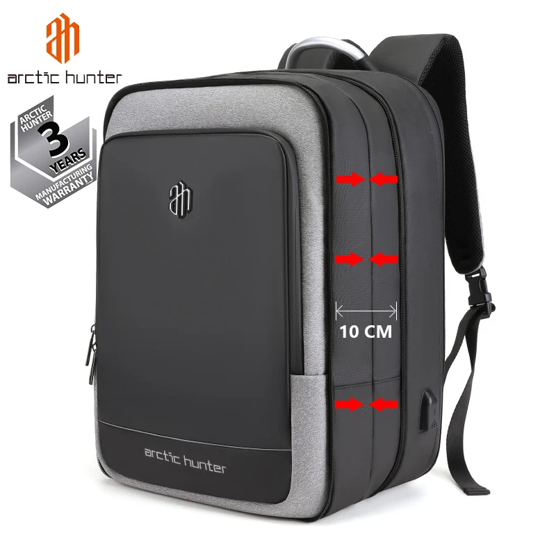 

ARCTIC HUNTER Extra Large Capacity Men Travel Waterproof Daypack Business Laptop Anti Theft Expandable USB charge Backpack, Black/dk grey/lt grey