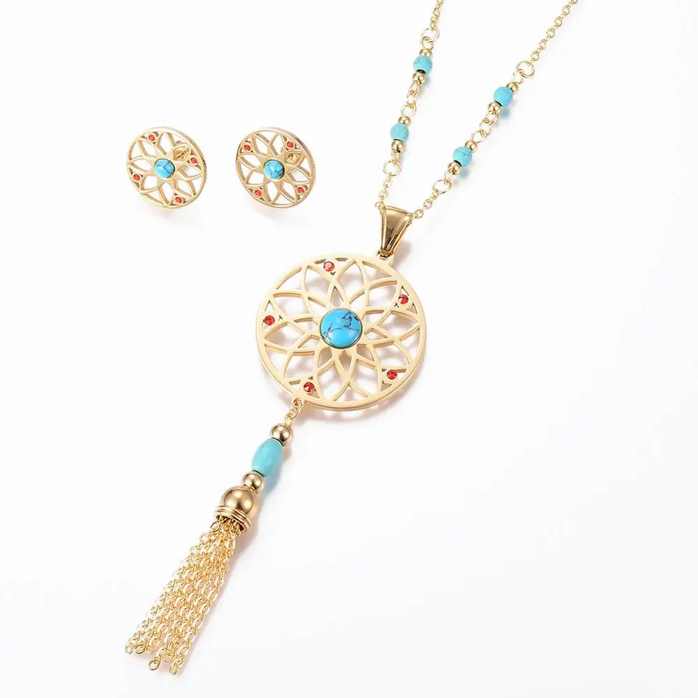 

Pandahall Jewelry Sets Tassel 304 Stainless Steel Flat Round Flower Necklace and Earring Sets Wedding Party Trendy WOMEN'S Gift