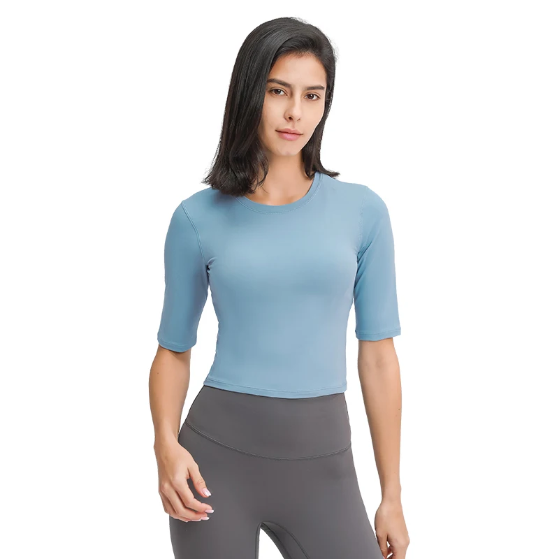 

High Quality Short sports fitness middle sleeve simple solid color women's yoga wear, Customized colors