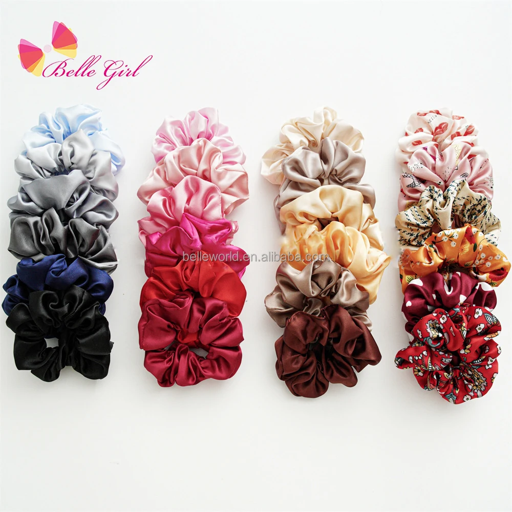 

BELLEWORLD Factory high quality red lips heart flower checker printed ponytail holder elastic hair bands fabric satin scrunchie