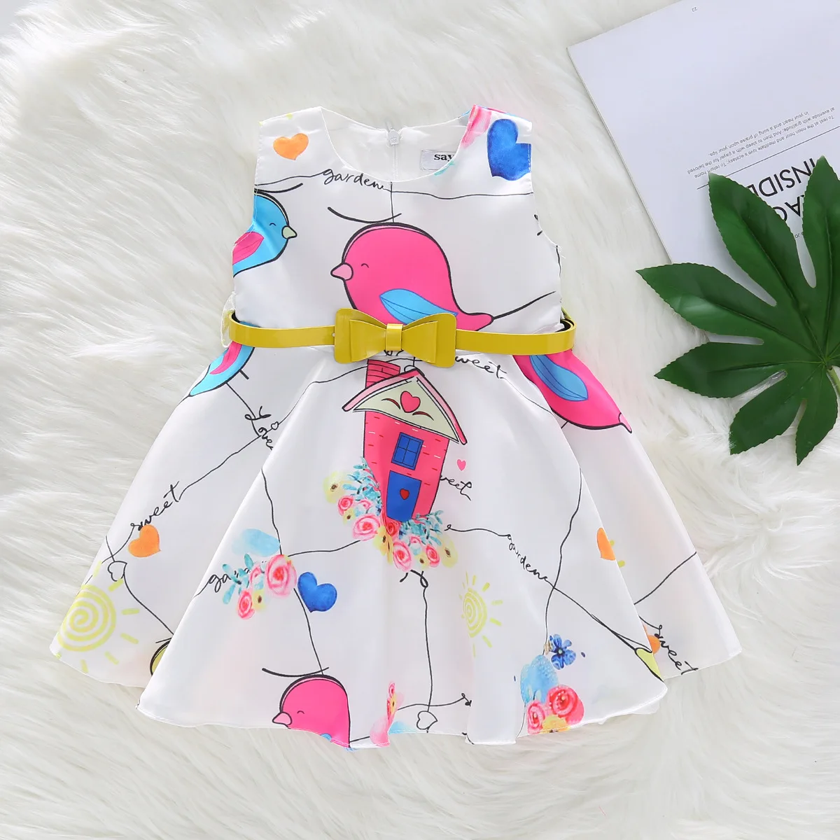 

Fashionable Children Clothing Set Colorful Print Sleeveless Dress Kids Girls Bowknot Belt Princess Long Skirt