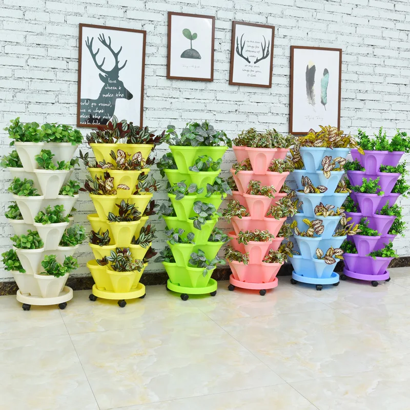 

Wholesale 4 leafs stacked planters strawberry flower pot Stacking Vertical big Plastic Garden Hanging plant Pots