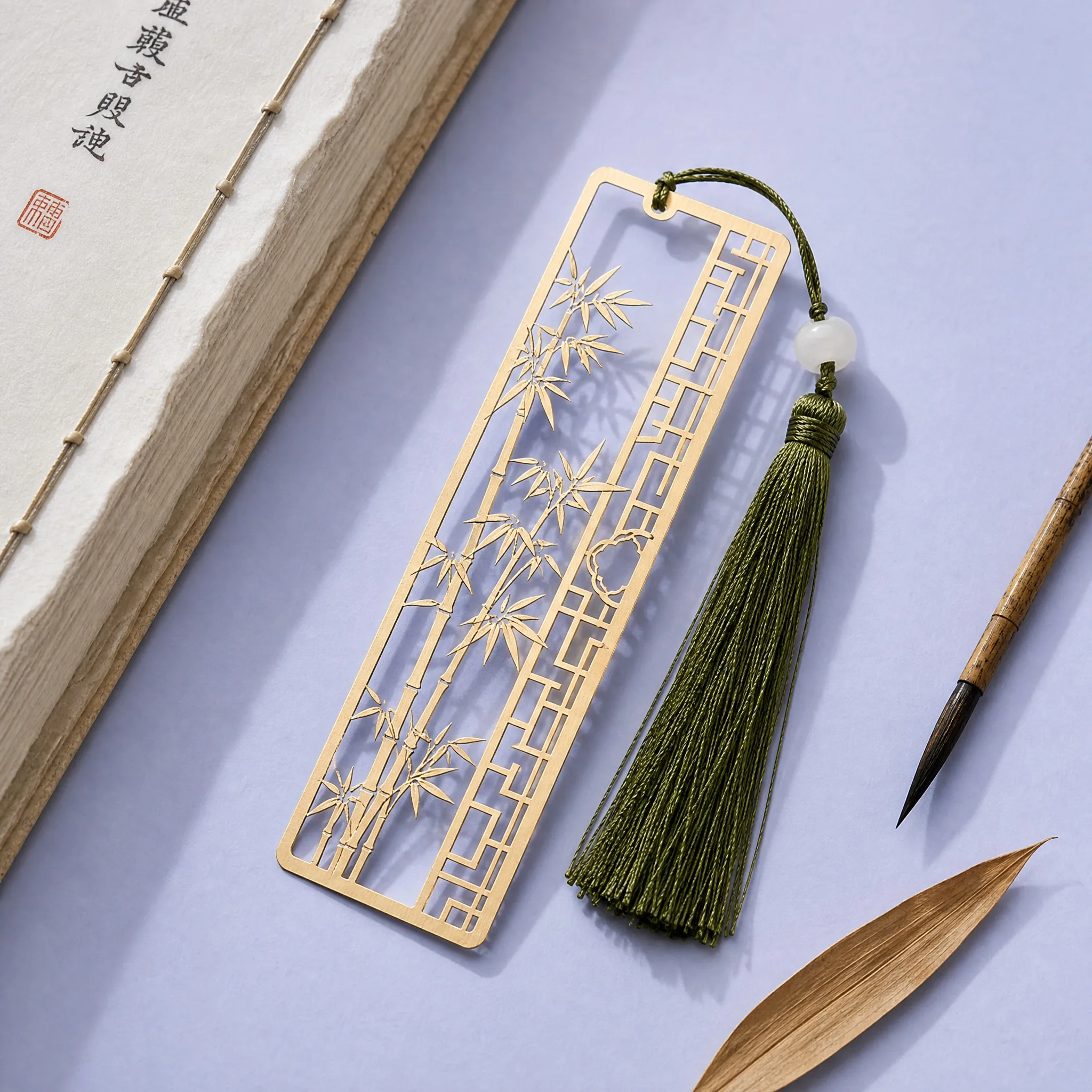 Custom Chinese Classical Bamboo Lattice Brass Filigree Bookmark with Jade Bead and Forest Green Tassel