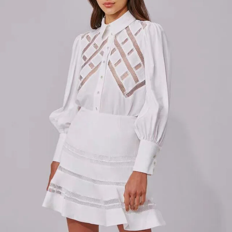 

Spring New high quality cotton puff long sleeve shirt lace hollow out woman's tops and fishtail mini skirt office ladies blouse