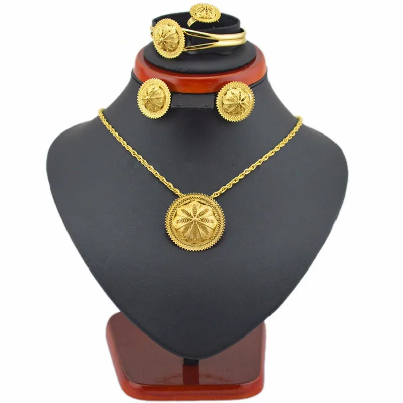 

Ethlyn Fashion Women Bridal Ethiopian Jewelry Sets Gold Plated Habesha Jewelry Wedding Four PCS sets for African Party S27B