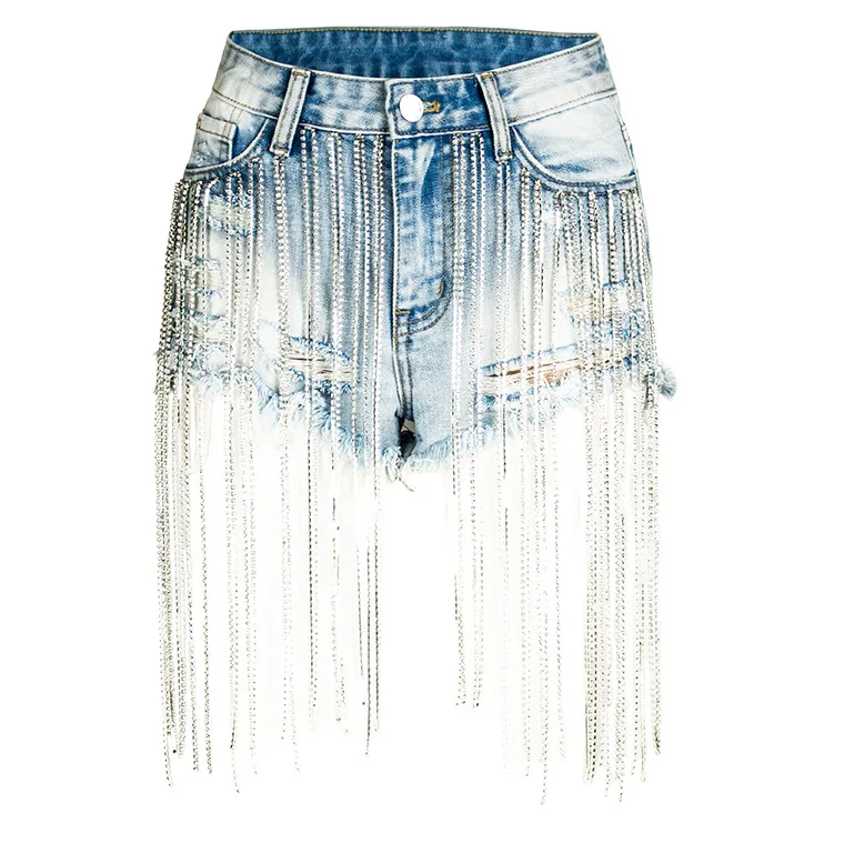 

B50022A Latest design lady fashion diamond tassel fancy denim shorts, Light blue